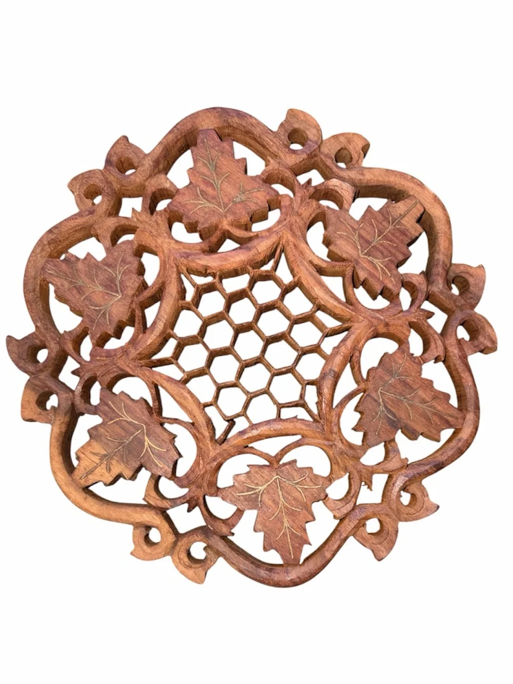 Hand carved inlaid wood trivet with feet #284 Sarna India Honeycomb and leaves